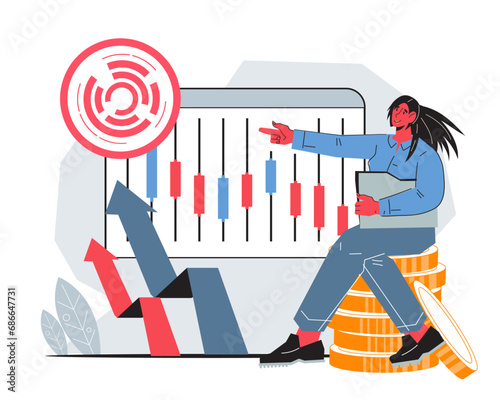 Invest in stocks and growth of investors portfolio. Investment and trading strategies to maximize profits. Successful investment fund banner concept, flat vector illustration isolated on background.