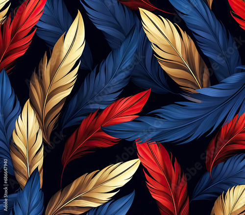 Dark Blue, Red and Gold Feathers Pattern Background