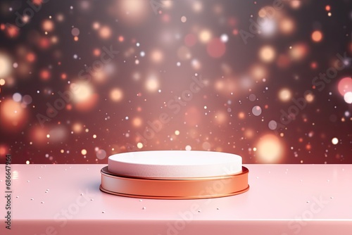 round red podium for the presentation of luxury products. rose gold with glitter and pink blur background