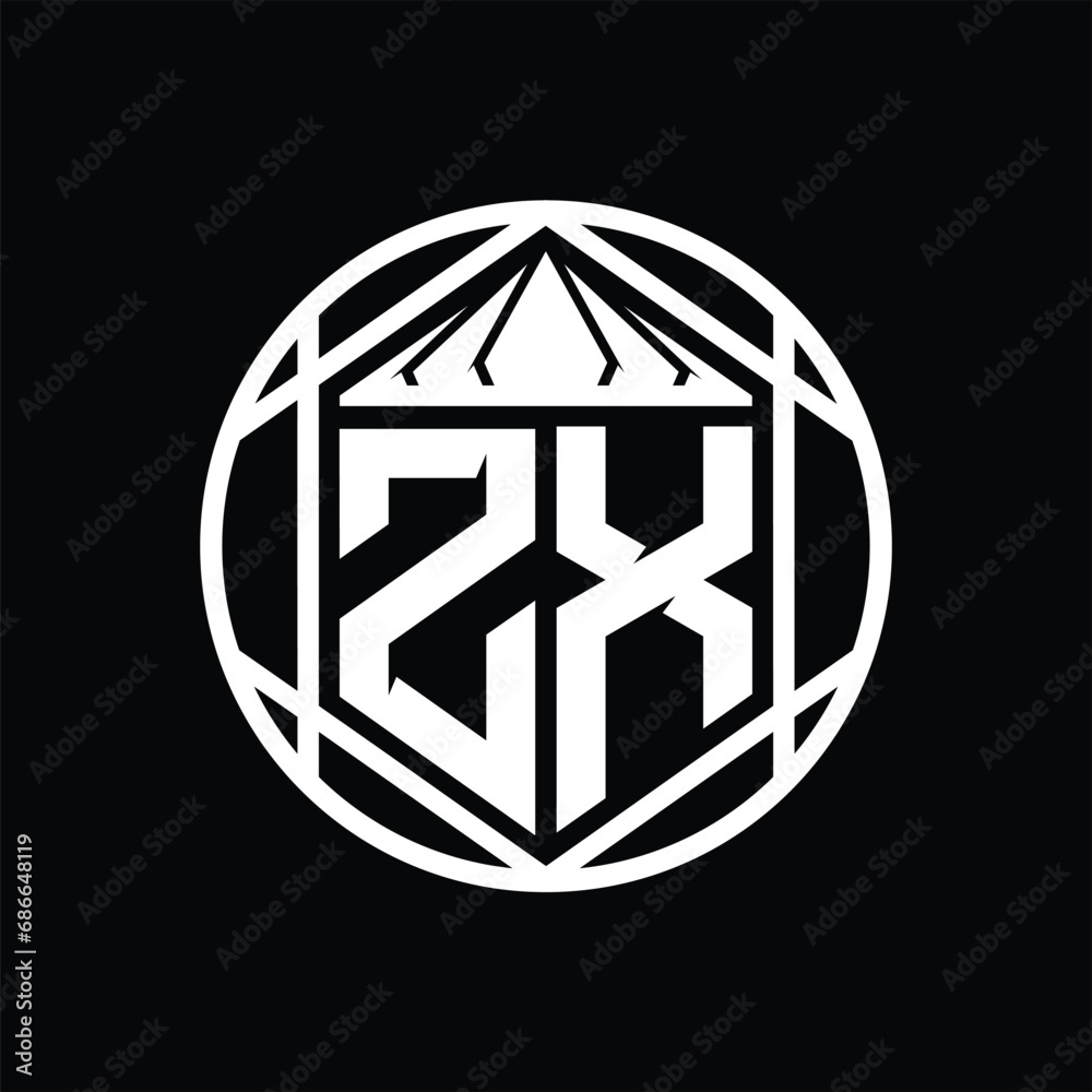 ZX Letter Logo monogram hexagon slice crown sharp shield shape isolated circle abstract style design ZX Letter Logo monogram hexagon slice crown sharp shield shape isolated circle abstract style design