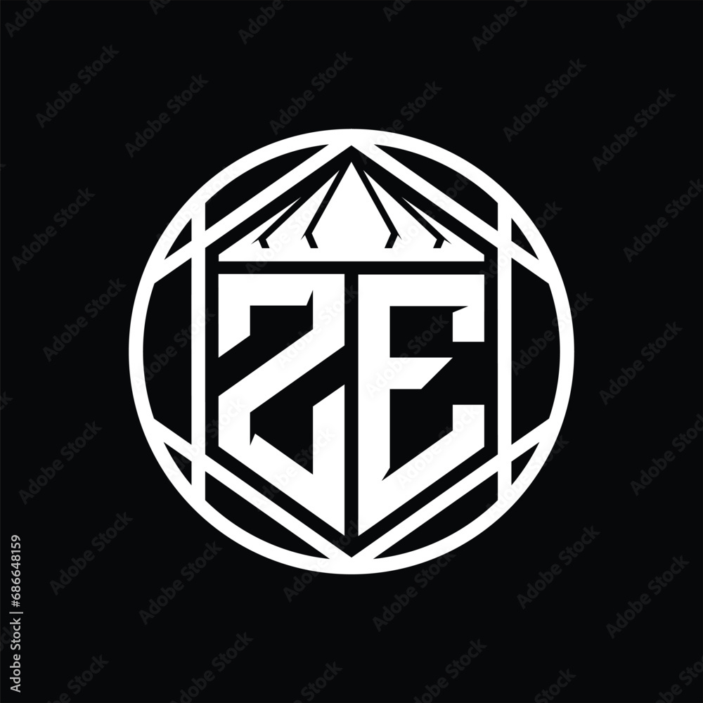 ZE Letter Logo monogram hexagon slice crown sharp shield shape isolated circle abstract style design ZE Letter Logo monogram hexagon slice crown sharp shield shape isolated circle abstract style design
