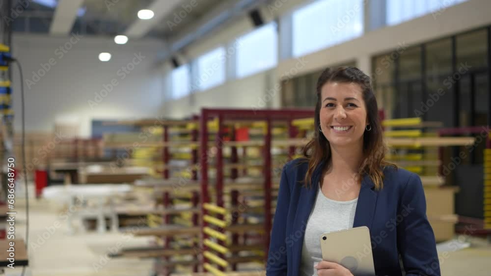 A businesswoman walks through a factory and smiles for the camera A businesswoman walks through a factory and smiles for the camera