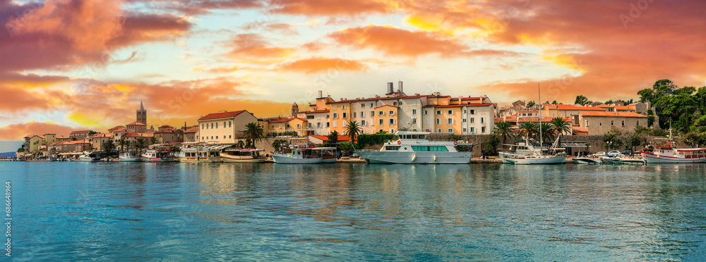 Beautiful Island Rab in Croatia. Townscape panorama over sunset. popular tourist destination - obrazy, fototapety, plakaty 