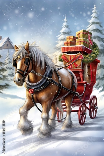 Horse pulling Christmas carriage with gifts and presents. Postcard style design. Generative Ai
