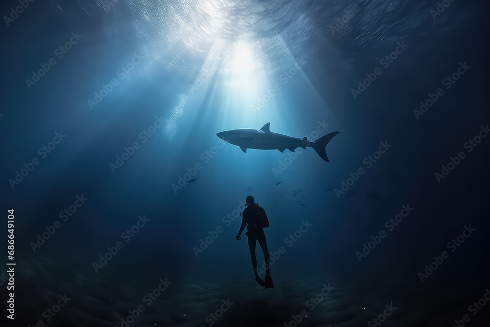 a diver swims with a shark in the maldives in the depths of the ocean, AI a diver swims with a shark in the maldives in the depths of the ocean, AI
