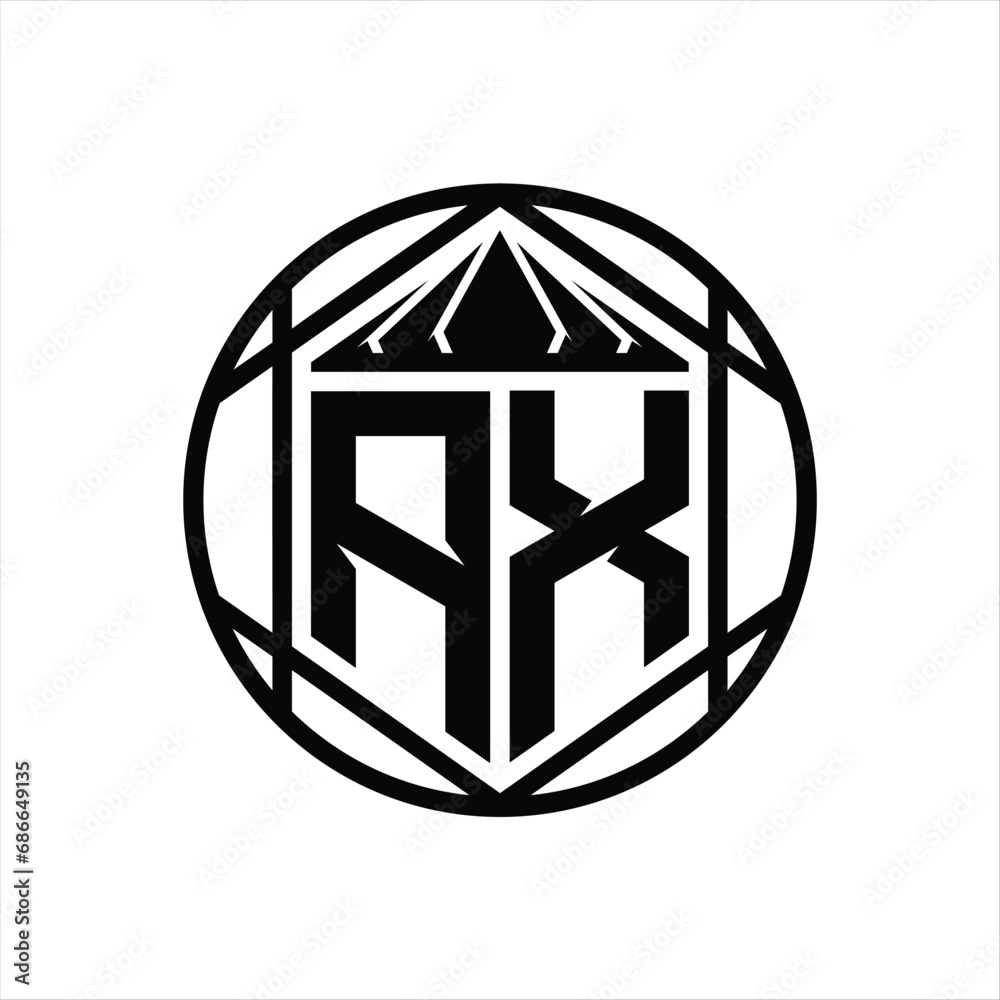AX Letter Logo monogram hexagon slice crown sharp shield shape isolated circle abstract style design AX Letter Logo monogram hexagon slice crown sharp shield shape isolated circle abstract style design