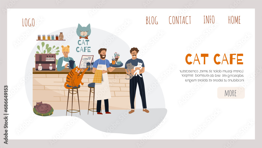 Vector concept landing page horizontal banner cat cafe - small business graphic - customer and barista. Modern flat vector.
Concept illustration - guy working on laptop in cat cafe. Vector concept landing page horizontal banner cat cafe - small business graphic - customer and barista. Modern flat vector.
Concept illustration - guy working on laptop in cat cafe.