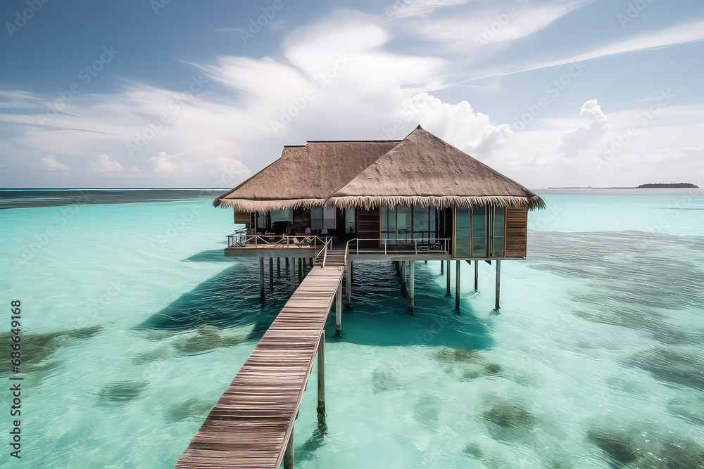 water villas bungalows on the perfect tropical island, beautiful white sand on tropical beach, AI