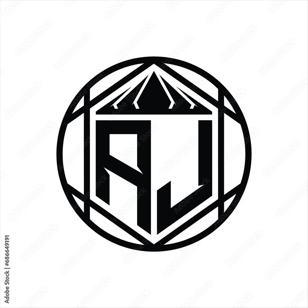 AJ Letter Logo monogram hexagon slice crown sharp shield shape isolated circle abstract style design AJ Letter Logo monogram hexagon slice crown sharp shield shape isolated circle abstract style design