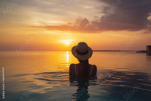 Woman relaxing in infinity swimming pool  AI