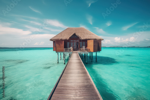 water villas bungalows on the perfect tropical island, beautiful white sand on tropical beach, AI © yurakrasil