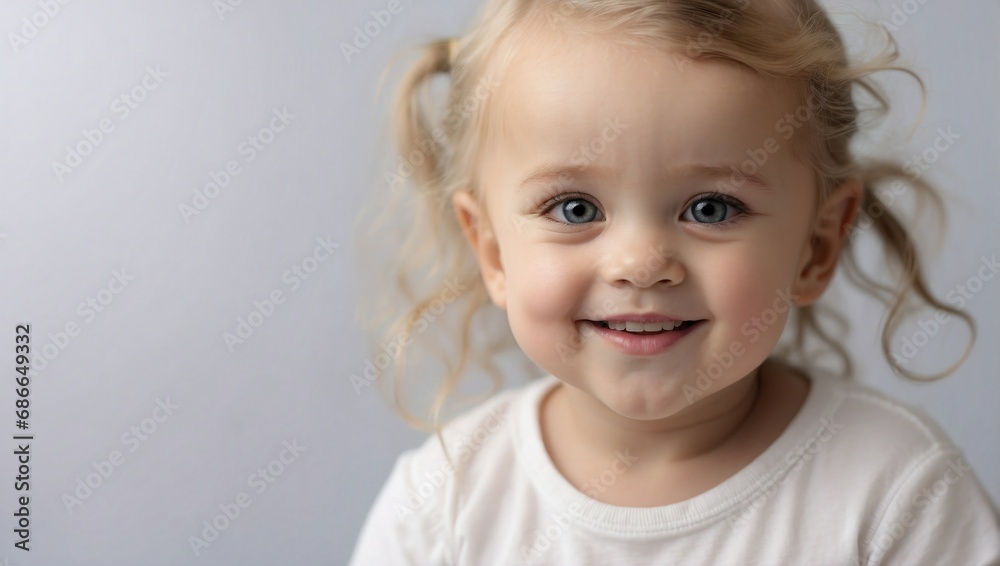 A young white child with curly blonde hair and blue eyes smiles brightly, wearing a simple white top against a grey background