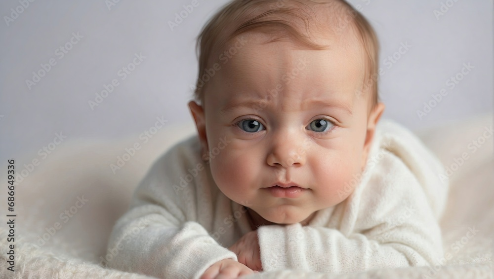 A newborn white baby with blue eyes and light hair looks curiously at the camera, wearing a soft white outfit against a light background