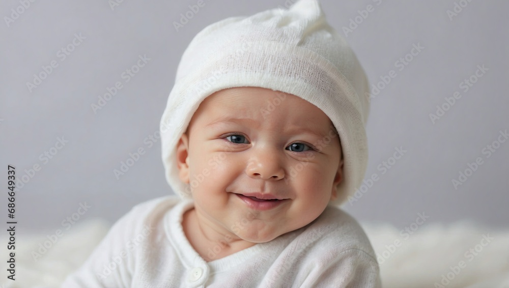 A smiling white baby wearing a knitted white hat looks playfully at the camera, with bright blue eyes and a cheerful expression A smiling white baby wearing a knitted white hat looks playfully at the camera, with bright blue eyes and a cheerful expression