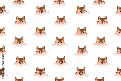 Seamless pattern with cartoon kawaii cute head, face of chipmunk for children isolated on white background