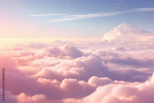 Beautiful pastel sky form above view over fluffy clouds and sunset scene  Vanilla sky  abstract background.