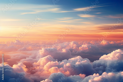 Beautiful pastel sky form above view over fluffy clouds and sunset scene, Vanilla sky, abstract background. photo