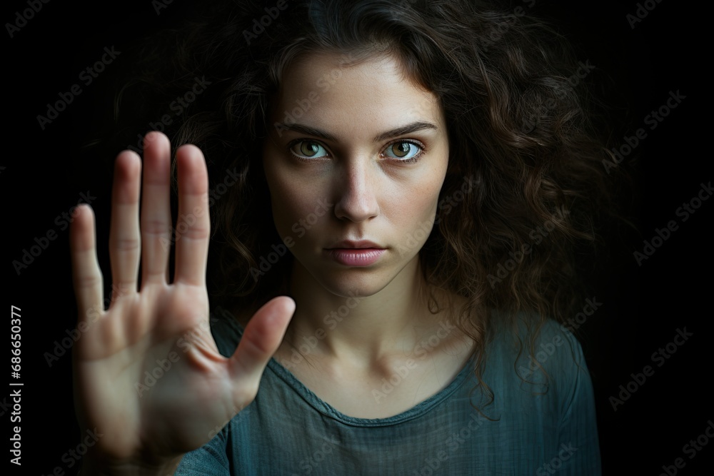 Portrait of a woman with her hand raised suggesting Stop. Domestic violence against women or women's empowerment theme - obrazy, fototapety, plakaty 