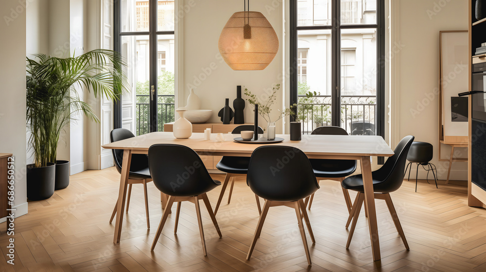 Un intérieur moderne d'un appartement parisien avec une table de salle à manger en bois clair entourée de chaises noires. Un intérieur moderne d'un appartement parisien avec une table de salle à manger en bois clair entourée de chaises noires.