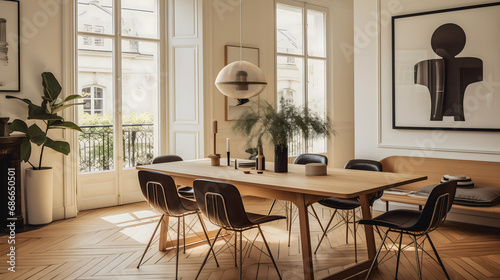 Une salle à manger lumineuse d'un appartement parisien avec une esthétique moderne, caractérisée par une grande table en bois, des chaises design, une œuvre d'art au mur.