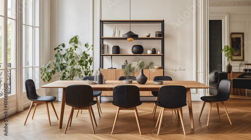 Une salle à manger élégante avec une table en bois clair, des chaises noires modernes, une étagère murale avec objets décoratifs et plantes d'un appartement à Paris. photo
