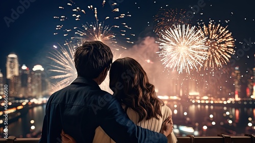 lovely couple see the firework in town together in new year