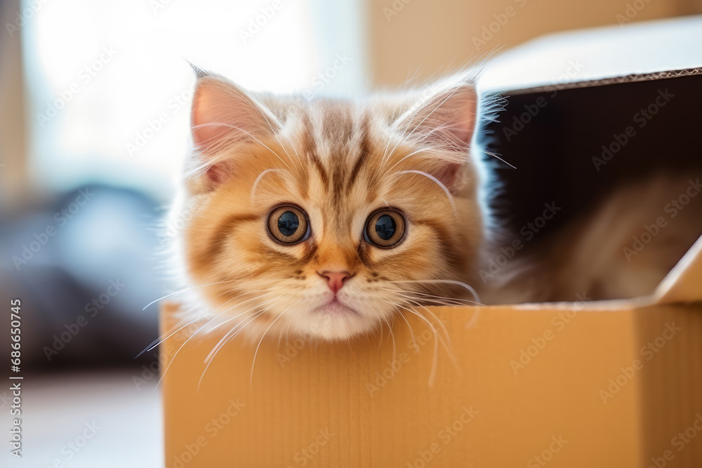 Ginger cat peeking out of brown cardboard box