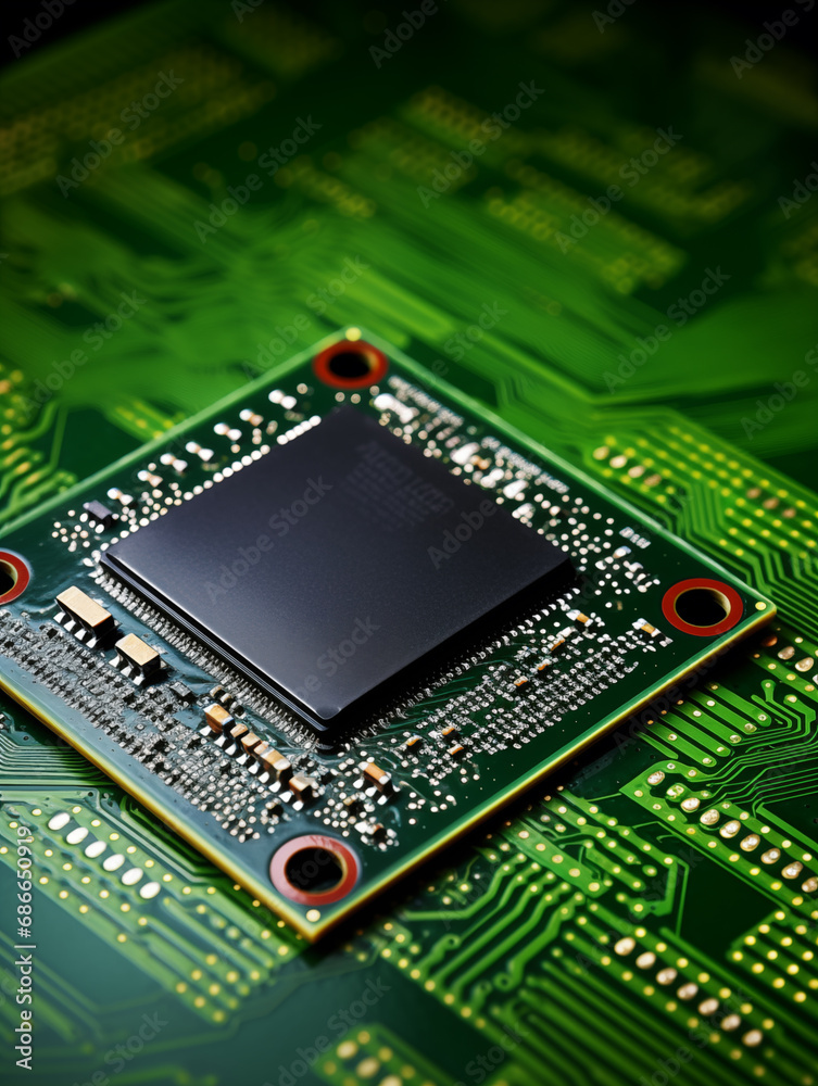 Close-up on modern and powerful CPU processor micro chip surrounding by other electrical components on green board Close-up on modern and powerful CPU processor micro chip surrounding by other electrical components on green board