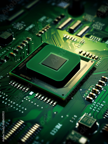Close-up on modern and powerful CPU processor micro chip surrounding by other electrical components on green board