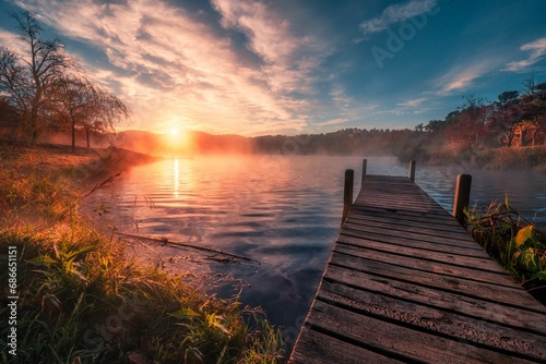 Fototapeta Naklejka Na Ścianę i Meble -  Wooden dock extending out into a scenic river, surrounded by lush green trees at sunset
