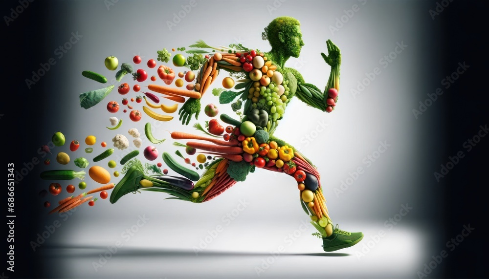 Fototapeta premium Anatomical Human Athlete Made of Fruit and Vegetables