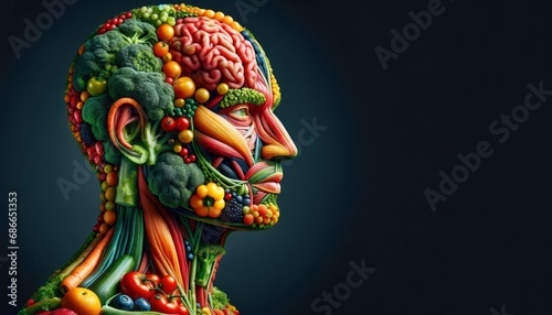 Anatomical Human Head Made of Fruit and Vegetables on Dark Background

 photo