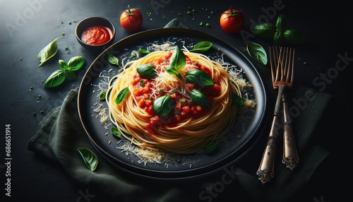 Spaghetti in Tomato-Based Sauce with Basil and Cheese