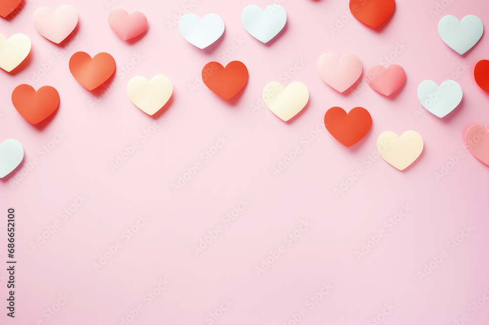 Delicate little hearts, positioned on a pastel-colored background, create a soft design, perfect for a Valentine's Day greeting card and love celebrations