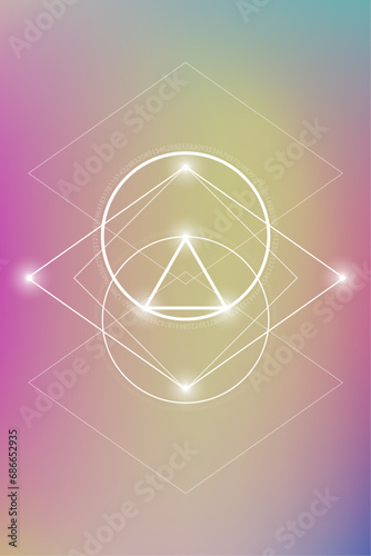 Sacred geometry spiritual new age futuristic illustration with transmutation interlocking circles, triangles and glowing particles