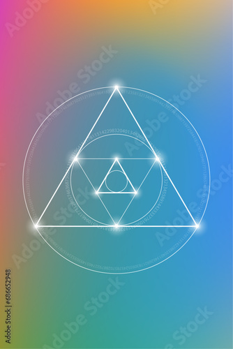 Sacred geometry spiritual new age futuristic illustration with transmutation interlocking circles  triangles and glowing particles