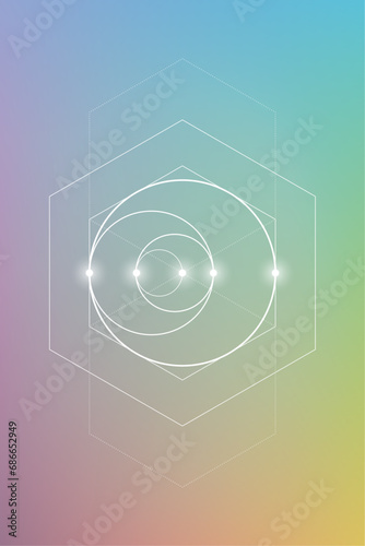 Sacred geometry spiritual new age futuristic illustration with transmutation interlocking circles, triangles and glowing particles