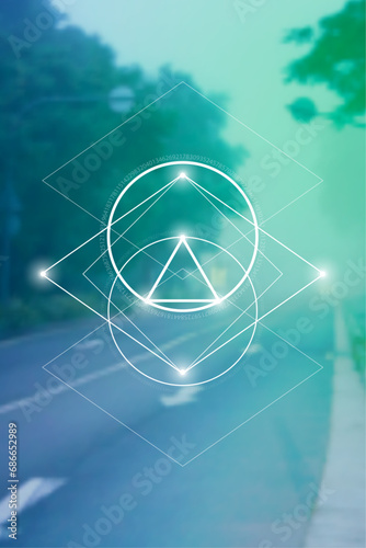 Sacred geometry spiritual new age futuristic illustration with transmutation interlocking circles, triangles and glowing particles