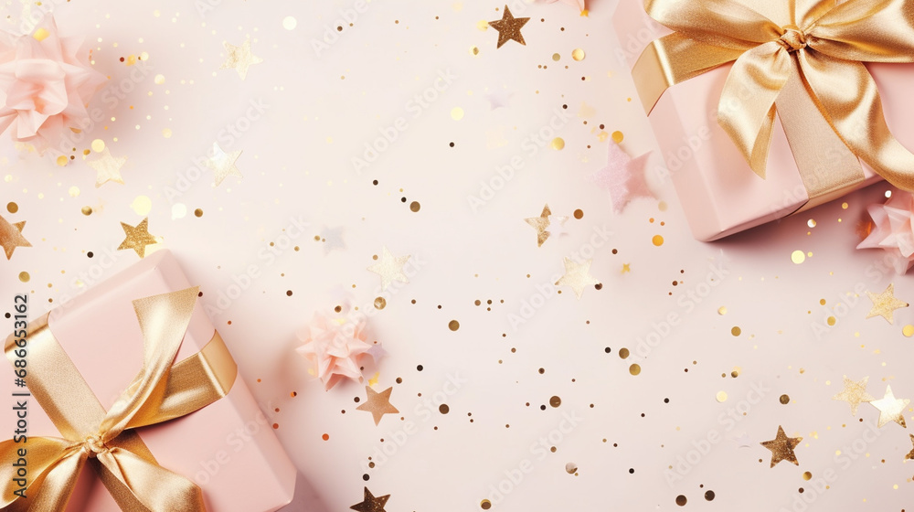 gift boxes with bows and gold glitter confetti. gift boxes with bows and gold glitter confetti.