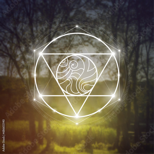 Sacred geometry spiritual new age futuristic illustration with transmutation interlocking circles, triangles and glowing particles