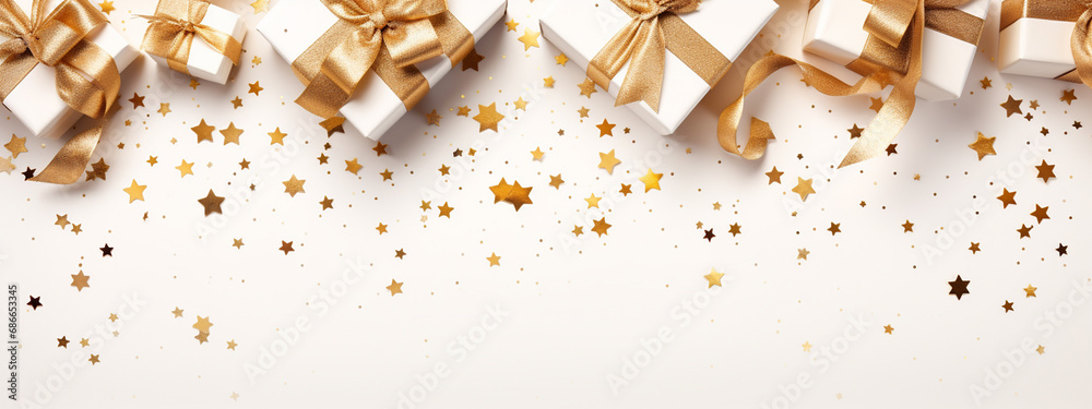 white gift boxes with gold bows and gold glitter confetti on white background. white gift boxes with gold bows and gold glitter confetti on white background.