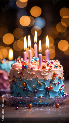 Yummy cake with colorful candles for a birthday celebration