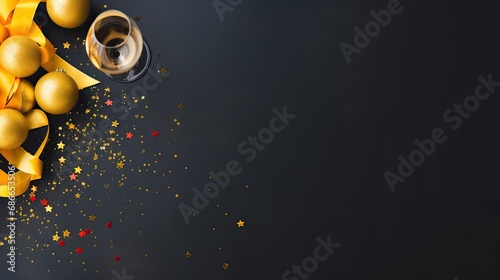 flat lay of many golden gift boxs for Happy New year celebration on black background with copy space