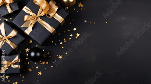 flat lay of many golden gift boxs for Happy New year celebration on black background with copy space © kittikunfoto