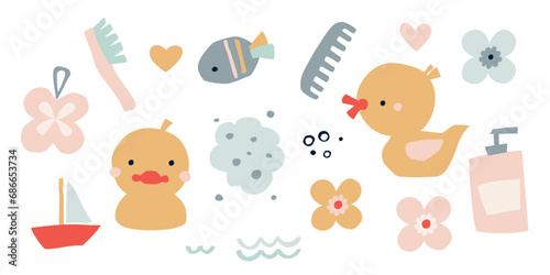 Vector clipart. Rubber duck and bathroom accessories. kids illustration. Hand drawn.