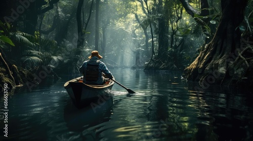 A man in a boat floats on a river in the jungle