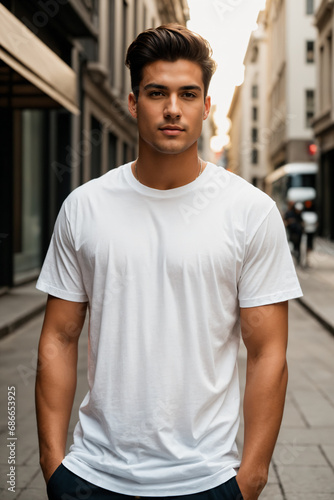 Front view of a young man wearing a blank white t-shirt - Mockup