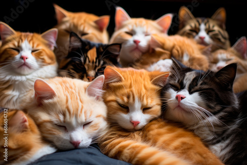 Happy cats sleeping together and squeezing each other. Cats is all piled together having a nap. © graja