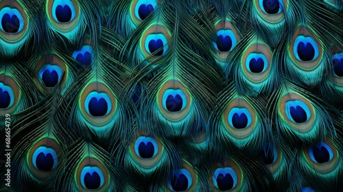 A wallpaper with the hyper-realistic appearance of a peacock's plumage, iridescent feathers spread in a glorious display. © AQ Arts