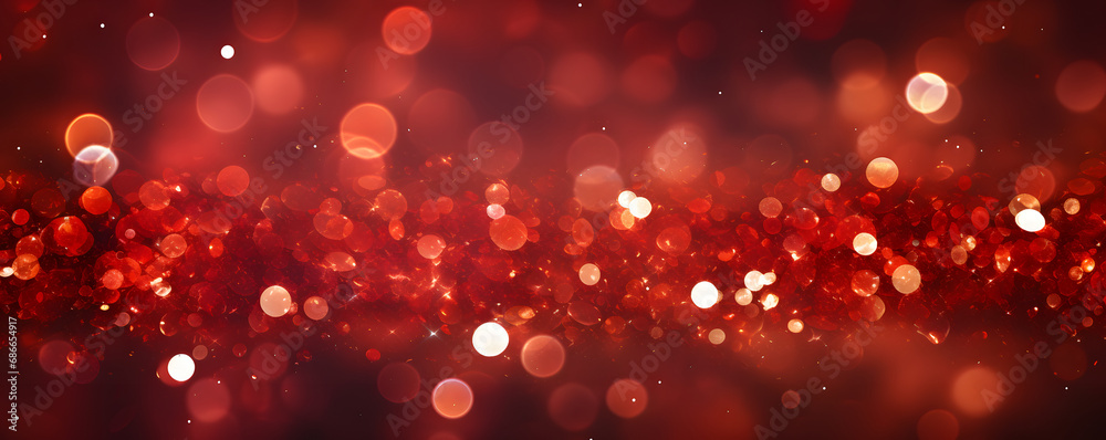 Rote funkelnde Lichter Festlicher Hintergrund mit Textur. Abstrakt Weihnachten glitzernde helle Bokeh unscharf und fallende Sterne. Winter-Karte oder Einladung - obrazy, fototapety, plakaty 